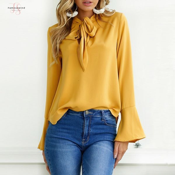 

solid 2019 new spring long flare рукавом полиэстер женщины блузка мода кружева-up bow tie делопроизводстве женские топы плюс размер, White
