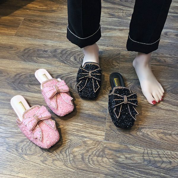 

female shoes square toe womens slippers outdoor slides butterfly-knot fashion jelly flip flops 2020 cover soft glitter, Black