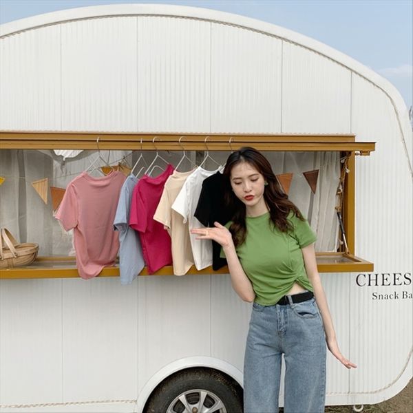 

solid color irregular round collar all-match short t-shirt pullover kink t-shirt female slim slim short sleeve pullover top, White