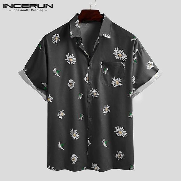 

incerun men floral shirts summer flower pattern shirt man casual hawaiian beach short sleeve lapel breathable blouse camisa, White;black