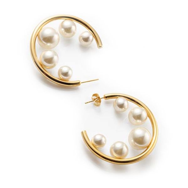 

european and american temperament c-shaped gradient size imitation pearl circle earrings opening earrings female models, Golden;silver