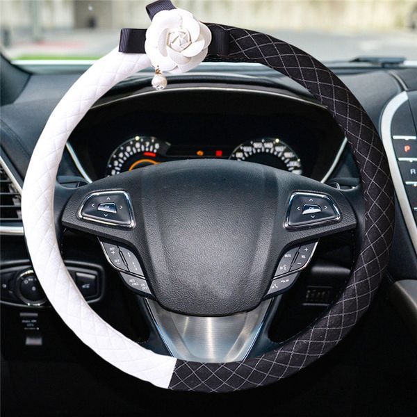 

kongyide car steering wheel cover four seasons camellia black and white personality leather handlebar set zax8019 dropship mar12