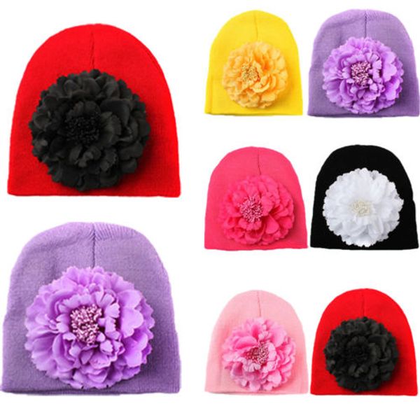 

2018 new fashion baby girls boys cap kid infant winter warm knitting hats toddler pure color flower beanie hats, Yellow