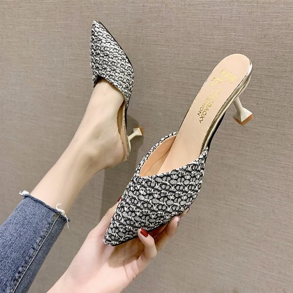 

flat shoes female thin heels heeled mules ladies' slippers med cover toe slides high pointed rome pumps rubber, Black