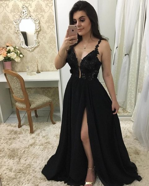 

spaghetti strap lace prom dresses long 2019 deep v-neck side slit backless a-line party dresses vestidos de gala, White;black