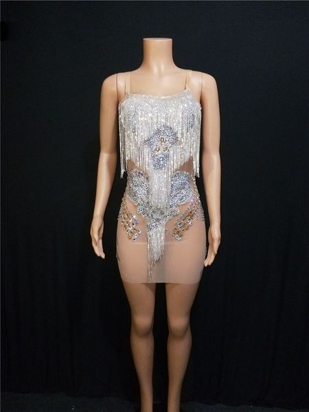 

women rhinestones fringes dress stage wear transparent elastic mesh singer evening performance tassel evening dress short dress, Black;red