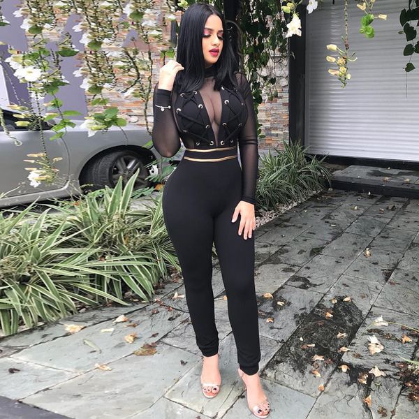 

bodysuit женщины сексуальная сетка комбинезон женщин 2019 зимние длинным рукавом узелок see through ночной клуб бинты bodycon romper drop до, Black;white