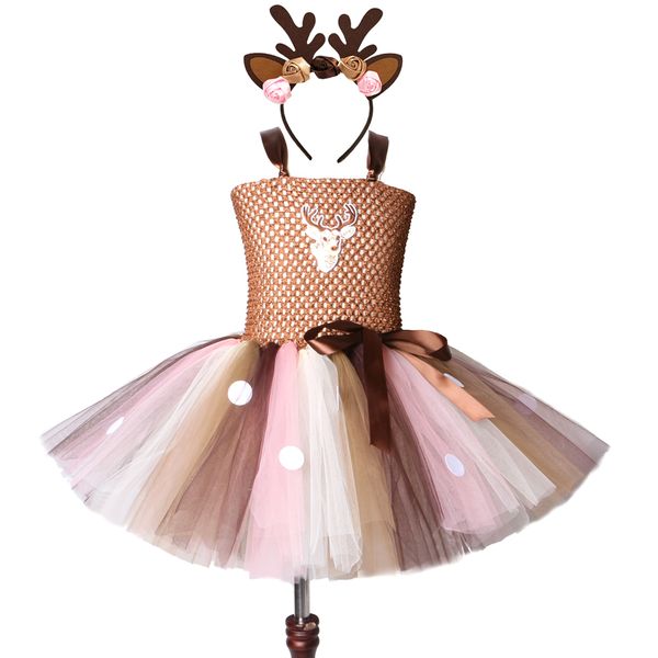 

brown deer tutu dress for girls christmas cosplay costume kids reindeer princess dress knee-length xmas children's wear 2-12year, Red;yellow