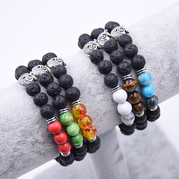 

2019 10pc/lot new owl natural stone beads bracelet bangle for men women yoga lava stone jewelry fashion accessories for lovers, Golden;silver