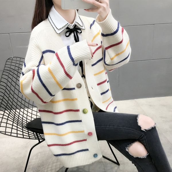 

women's knits & tees 5085h area 56 right] - spring style yuanbao needle color button stripe cardigan 65, White