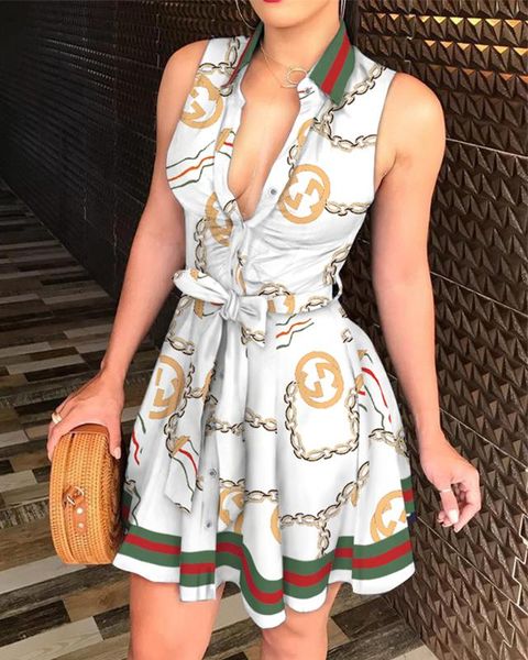 

2020 fashion women summer elegant chain print tie waist sleeveless shirt dress lady casual belted v neck mini dress, Black;gray