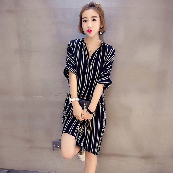 

women fashion oversized half sleeve long blouse ladies casual loose striped dress female summer vneck buttons dress korean style, Black;gray