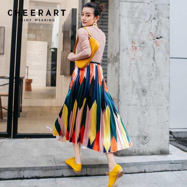 

cheerart pleated skirts woman fashion 2019 midi skirt color block high waist skirt long colorful pink spring ladies skirts, Black