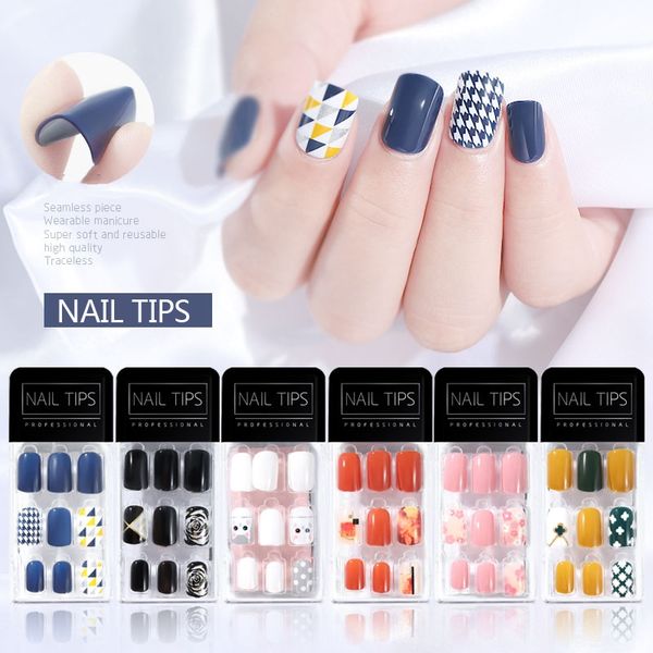 

30pcs fashion designs fake nail tip beautiful nail sticker full cover manicure diy false tips colorful nails art decoration, Black