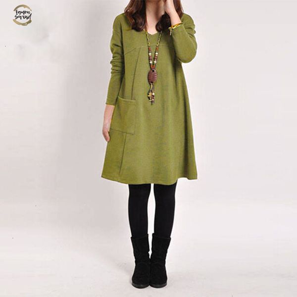 

plus size dress women vintage pocket loose casual long sleeve midi dress vestidos vendaje 2019 solid winter dress 5xl designer clothes, Black;gray