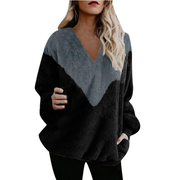 

2019 stitching long sleeve patchwork pullover v-neck casual loose sweatshirts autumn winter women warm plush sweatshirt, Black