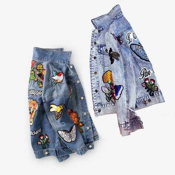 

Embroidered denim jacket women jacket autumn winter fa hion ba ic coat jacket tiger floral animal vintage women clothing, Black;brown