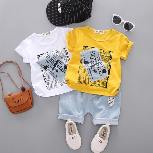 

2019 kid baby boy cartoon letter print t shirt + denim shorts outfit set summer clothes dropping roupa menino, White