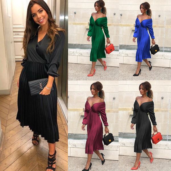 

2019 new women long-sleeved v-neck pleated skirt solid color simple fashion dress female casual dress, Black;gray