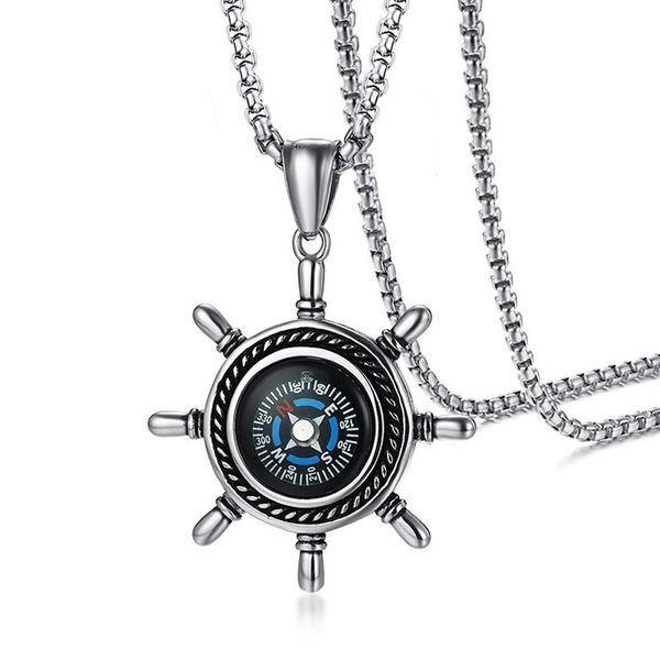 

stainless steel men necklaces chain pendants sea sailor compass rudder retro for male boyfriend fashion jewelry creativity gift, Silver