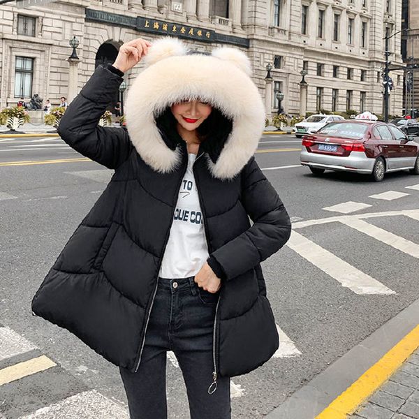 

hooded sweet down cotton winter jacket women fur collar long students parka cotton padded warm womens jackets outerwear c5727, Black