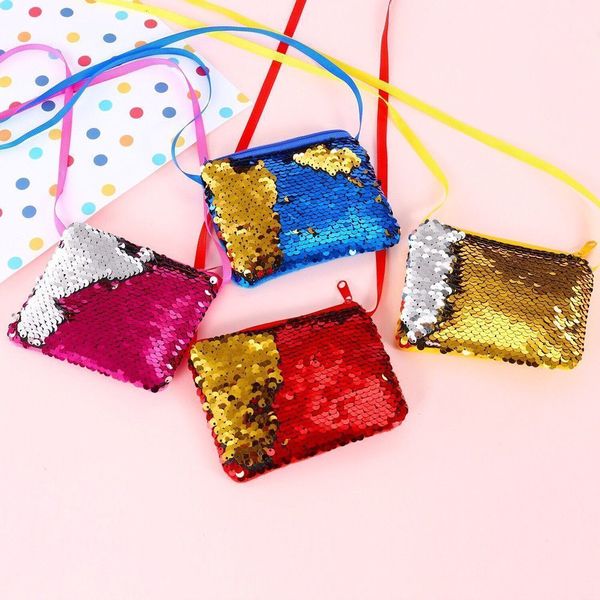

women kids fashion glitter mermaid sequin coin purse party zipper wallet round square clutch bag purse for girls gifts, Red;black