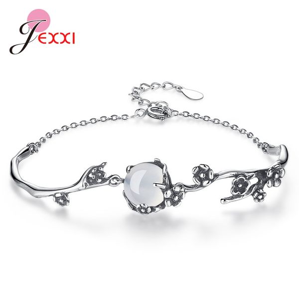 

2020 trendy bracelet for women girls gift solid 925 sterling silver natrual crystal plum blossom design pendant bangle, Black