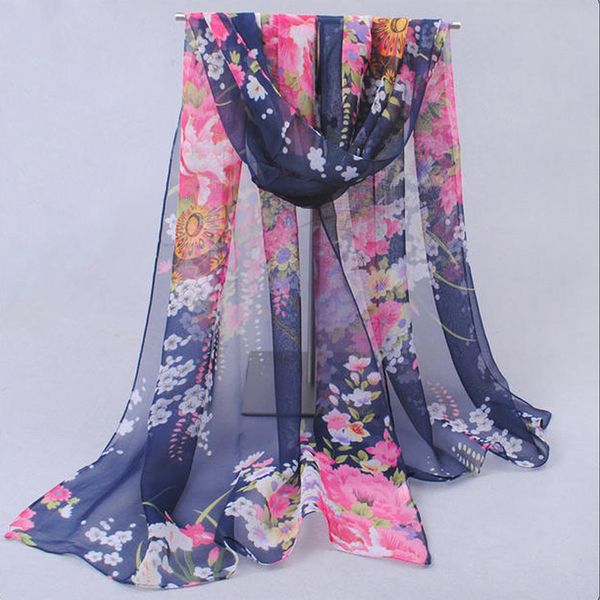 

spring 2019 new nice scarves & wraps vntage blue chiffon silk a scarf flowers fashion cotton for woman drop shipping xq041