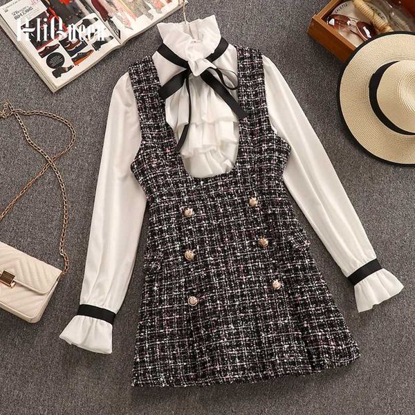 

корейских женщин осень 2 шт набор элегантная ruffles лук рубашка блузка + двойной брестед плед tweed жилет платье комплект зимней одежды, White