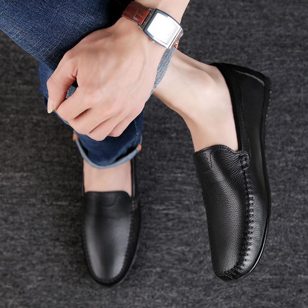 

breathable genuine leather loafers summer breathable men's casual men driving shoes moccasins man big size 47, Black