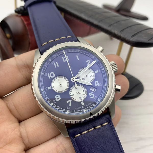 

aviator 8 b01 quartz chronograph mens watches 46mm silver case blue dial luminous wristwatches with blue leather strap, Slivery;brown