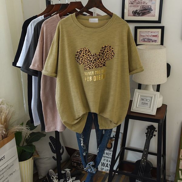 

long 100% cotton tee shirt women short sleeve 2020 summer maxi loose cartoon tee female teenager solid casual home t shirt, White