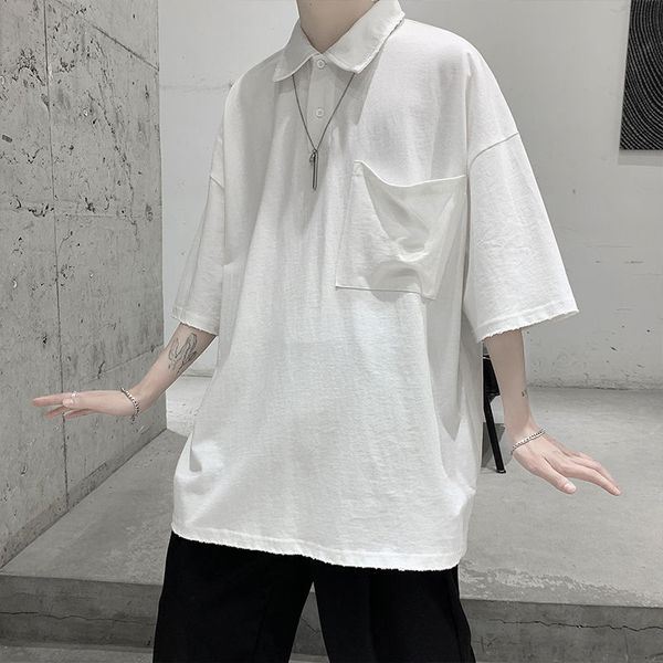 

summer shirt men's fashion solid color casual cotton lapel t-shirt men streetwear loose korean short-sleeved t shirt mens, White;black
