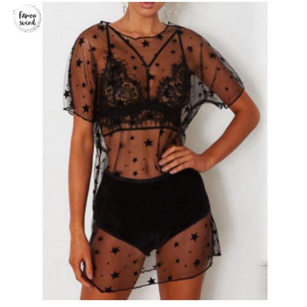 

t 2019 shirts women fashion long shirt see through black stars short sleeve t shirt drop shipping, White