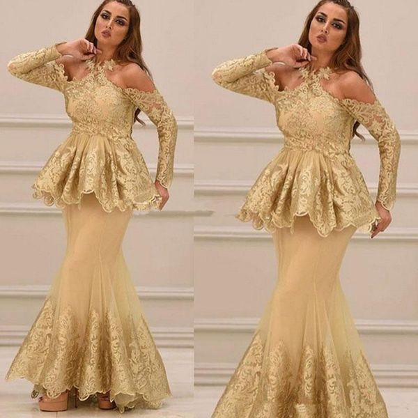 

2020 arabic halter new tyle long leeve lace evening dre e with peplum applique tulle mermaid prom party formal gown