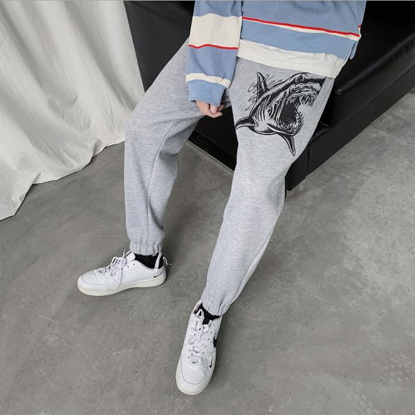 

sweatpants men's personality shark mouth printed sports pants spring new student loose stretch sportswear pants nine pants, Black