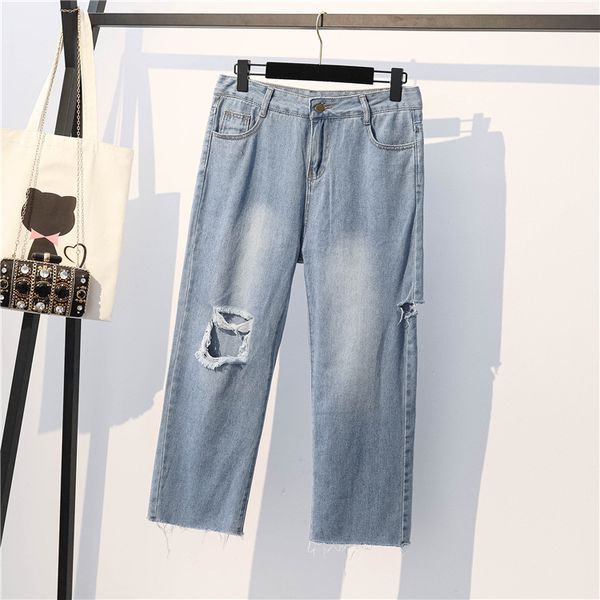 

p shoot 2020 spring large size with holes jeans women's loose-fit slimming high-waisted straight-leg pants loose pants, Black