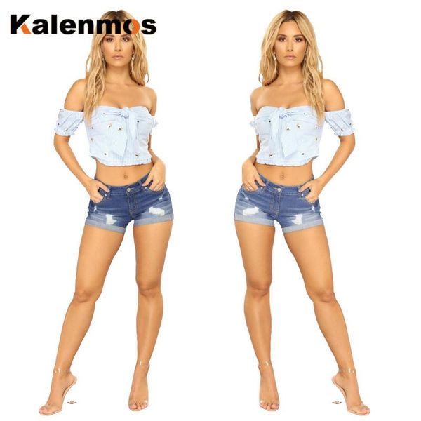 

kalenmos denim jeans women stretch skinny ripped hole bodycon slim low waist jegging leisure trousers shorts streetwear, Blue
