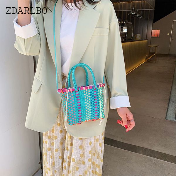 

candy color barrel shaped women weaving handbag internal drawstring design messenger bags fashion bamboo rattan beach bags