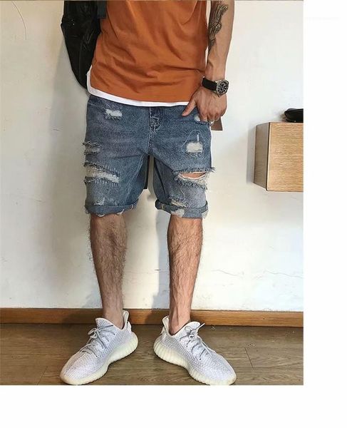 

loose solid color knee length straight pants fashion male clothing summer mens designer short jeans hole, White;black
