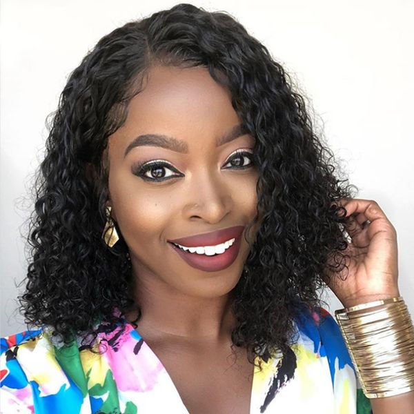 

short bob curly lace front wig brazilian virgin human hair deep curl pre plucked hairline for black woman glueless, Black;brown