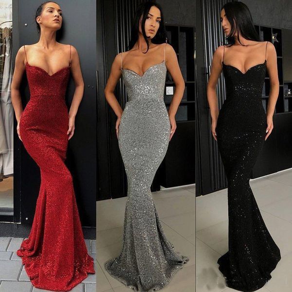 

2019 sequins prom dresses spaghetti straps mermaid long evening gowns plus size custom made pageant dresses, White;black