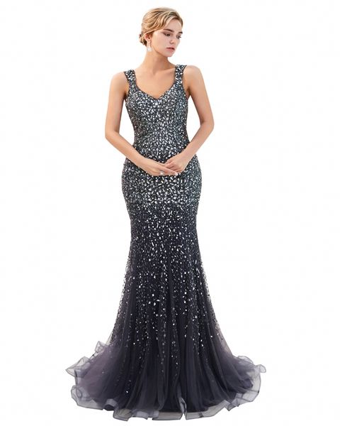 

mermaid prom dresses beaded crystals sequins evening party gowns custom made evening dresses v-neck zipper back party gowns, Black;red
