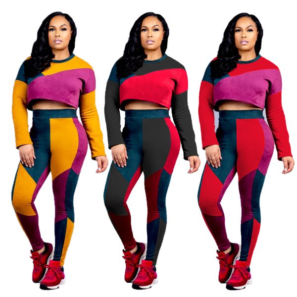 

women two piece sets long sleeve o-neck patchwork short and skinny long pants fashion tracksuits outfits, White