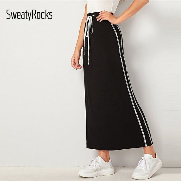 

sweatyrocks black drawstring waist tape side pencil skirt active wear skinny maxi skirts 2019 women high waist straight skirts, Black;gray