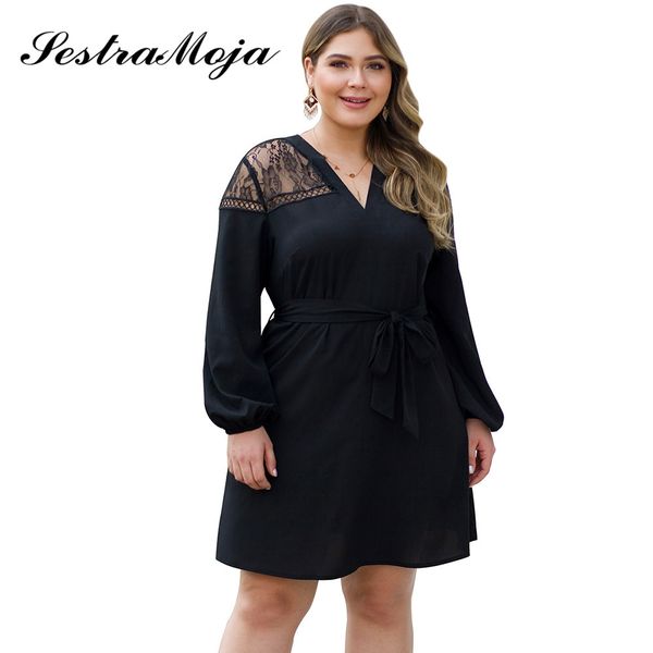 

sestra moja women v-neck dress lace lantern sleeve dress autumn black party elegant fresh black ribbon hollow mini, Black;gray