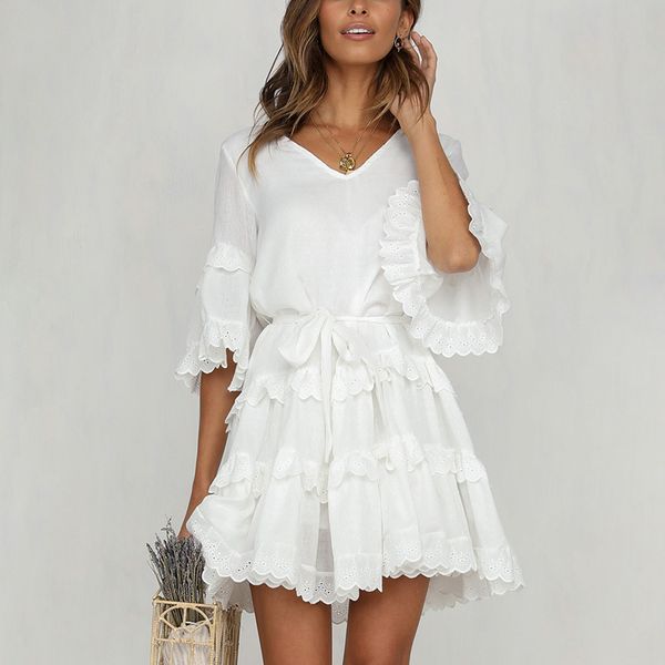 

2019 elegant layered ruffles women summer dress casual embroidery cotton white dress female v-neck loose short dresses ladies, Black;gray