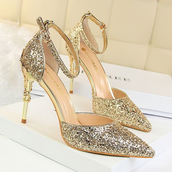 

women sandals sequined cloth shiny thin high heel summer ankle buckle fashion wedding party ladies shoes zapatos de mujer, Black