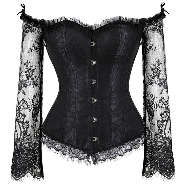 Espartilho overbust feminino com mangas vintage victorian retro burlesque corset e bustiers top colete moda branco preto