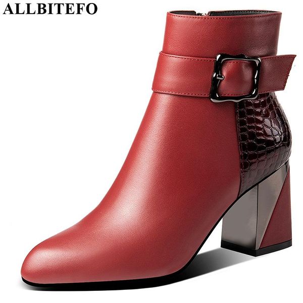 

allbitefo thick heel genuine concise leather fashion women boots girl ankle boots pure color simple style autumn winter, Black